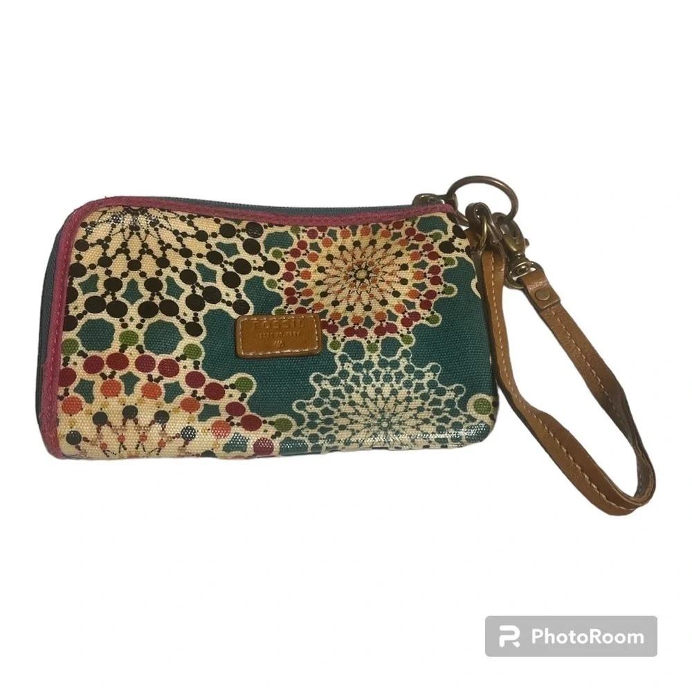 FOSSIL Key-Per Wristlet Coated Canvas Floral Multicolor Brown Leather Trim